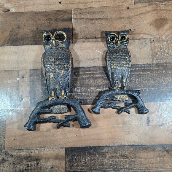 Vintage MCM Cast Aluminum Owl Set with Glass Eyes - Picture 1 of 9